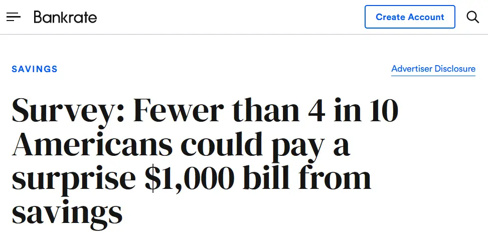 Bankrate headline - less than 4 in 10 Americans can afford to pay a surprise $1,000 bill from their savings