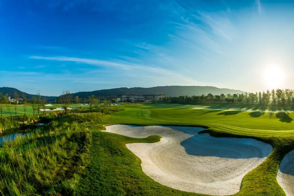 green, golf, blue sky